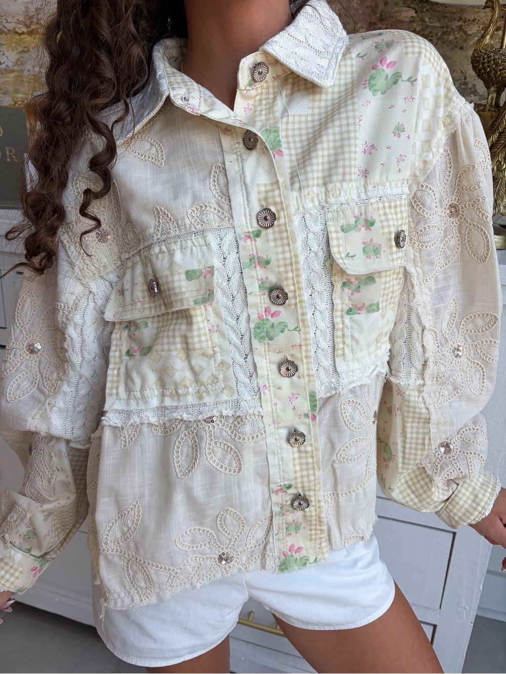 POL Cream Patchwork Button-Up Jean Jacket with Pastel Accents